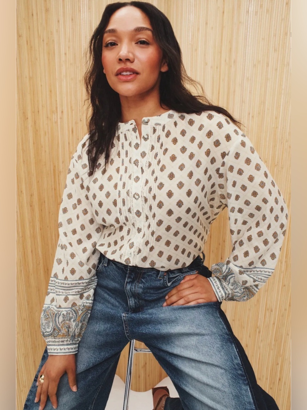 Veronica Beard Lollie Blouse
Cream Printed Peasant Blouse with Paisley Cuffs SzL